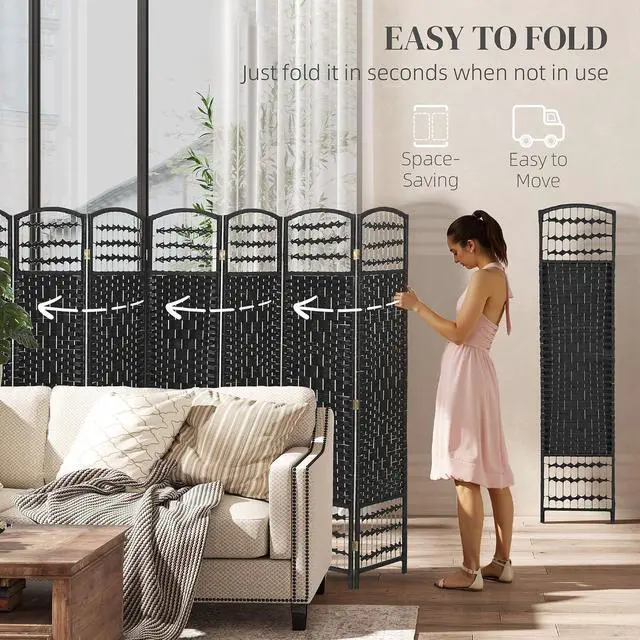 Alt view image 3 of 7 - 8 Panel Room Divider, Folding Privacy Screen, 5.6', Black | Room Separator, Wave Fiber Freestanding Partition Wall Divider