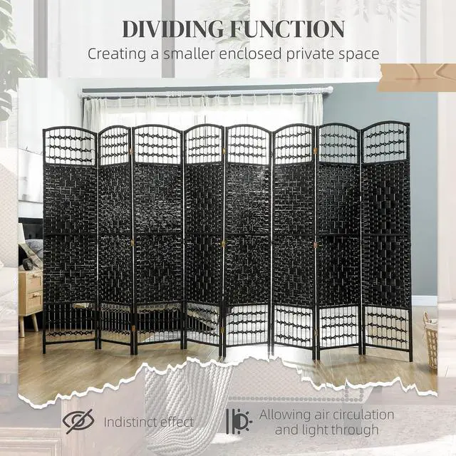 Alt view image 6 of 7 - 8 Panel Room Divider, Folding Privacy Screen, 5.6', Black | Room Separator, Wave Fiber Freestanding Partition Wall Divider