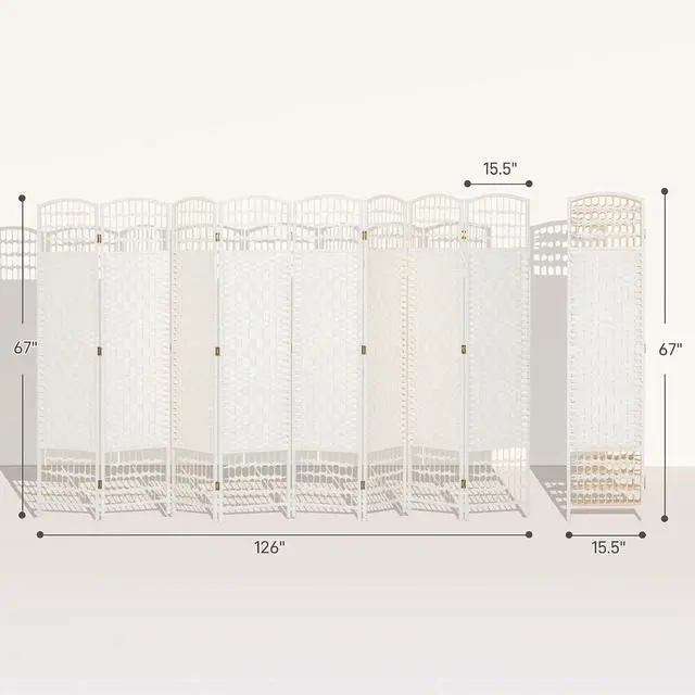 Alt view image 7 of 7 - 8 Panel Room Divider, Folding Privacy Screen, 5.6', White | Room Separator, Wave Fiber Freestanding Partition Wall Divider