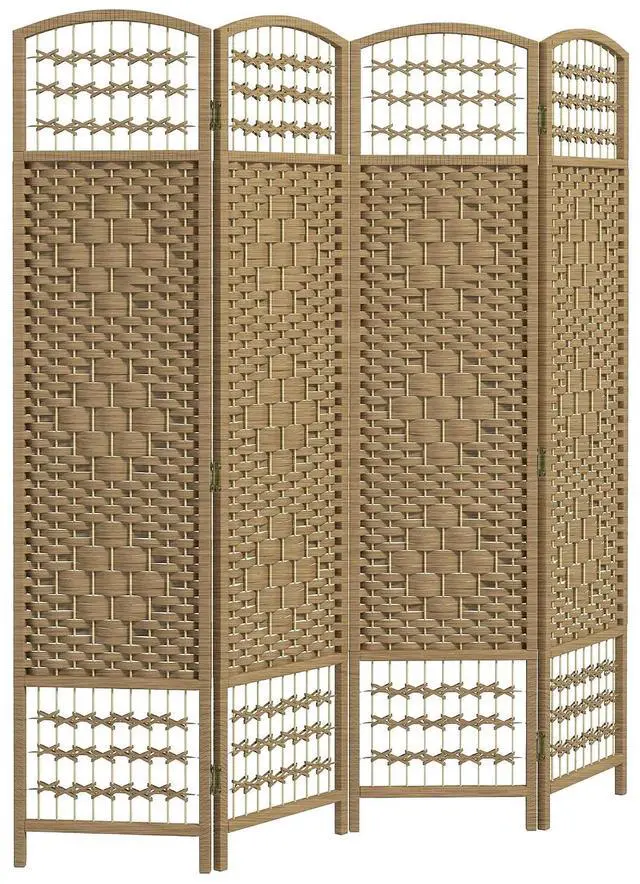 Main image of 4 Panel Room Divider, Folding Privacy Screen, 5.6', Natural | Room Separator, Wave Fiber Freestanding Partition Wall Divider