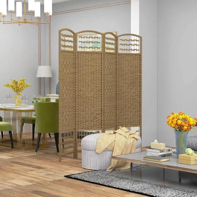 Alt view image 2 of 7 - 4 Panel Room Divider, Folding Privacy Screen, 5.6', Natural | Room Separator, Wave Fiber Freestanding Partition Wall Divider