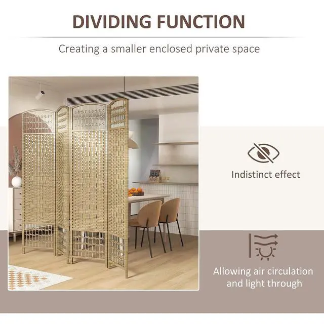 Alt view image 6 of 7 - 4 Panel Room Divider, Folding Privacy Screen, 5.6', Natural | Room Separator, Wave Fiber Freestanding Partition Wall Divider