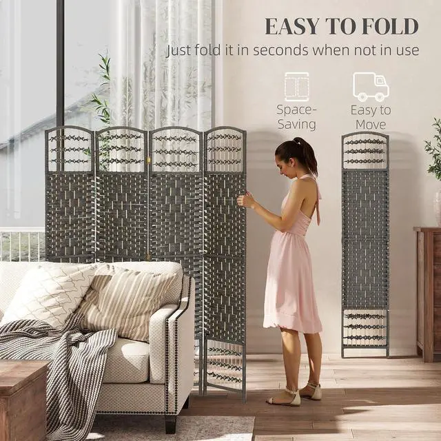 Alt view image 3 of 7 - 4 Panel Room Divider, Folding Privacy Screen, 5.6', Dark Gray | Room Separator, Wave Fiber Freestanding Partition Wall Divider