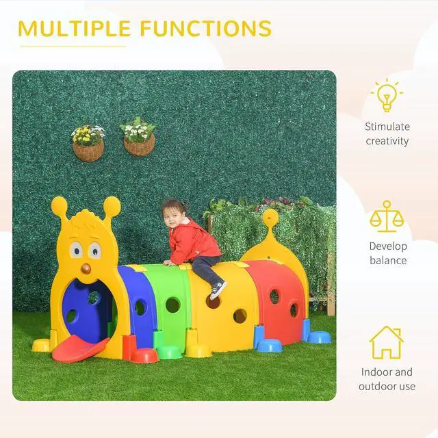Alt view image 3 of 7 - Qaba Caterpillar Play Tunnel for Toddlers, Indoor, 4 Sections, Multicolored | Toddler Tunnel, Kids Crawl and Climb Through, Kids' Play Structure, Outdoor Use