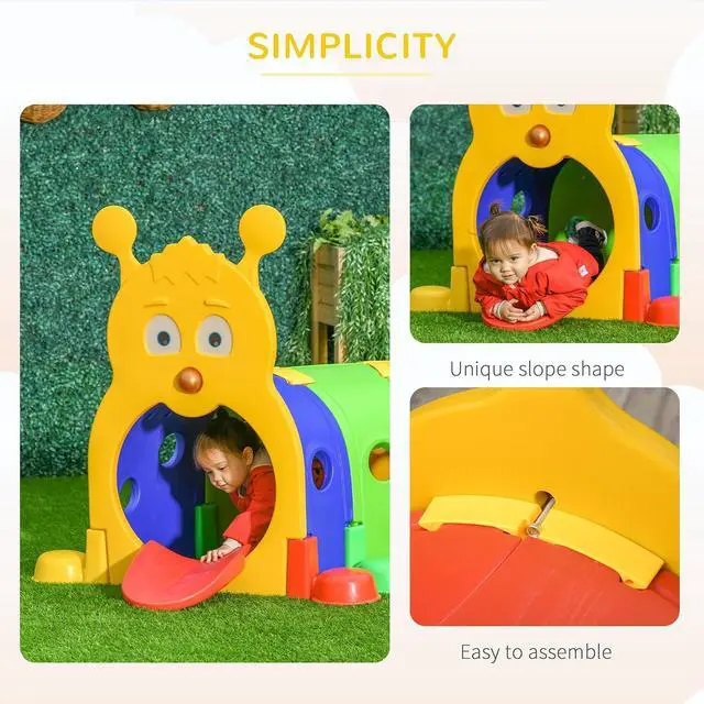 Alt view image 6 of 7 - Qaba Caterpillar Play Tunnel for Toddlers, Indoor, 4 Sections, Multicolored | Toddler Tunnel, Kids Crawl and Climb Through, Kids' Play Structure, Outdoor Use