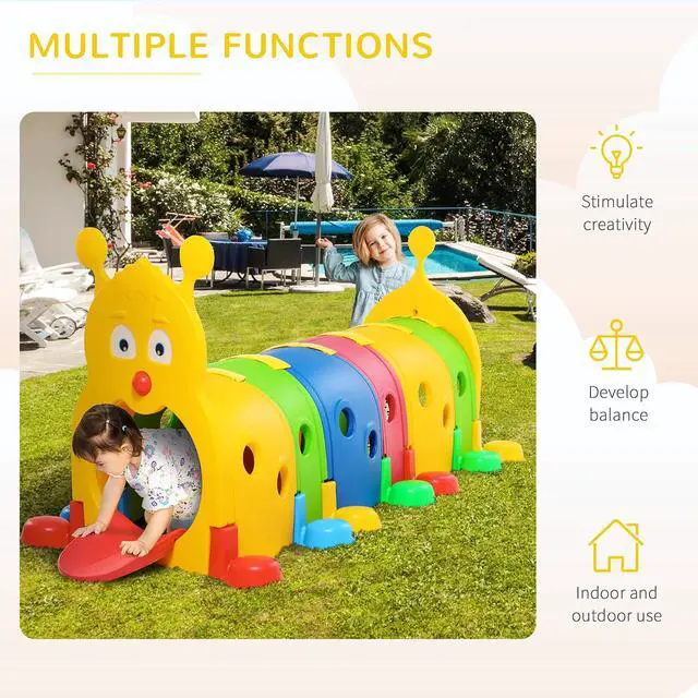 Alt view image 3 of 7 - Qaba Caterpillar Play Tunnel for Toddlers, Indoor, 6 Sections, Multicolored | Toddler Tunnel, Kids Crawl and Climb Through, Kids' Play Structure, Outdoor Use