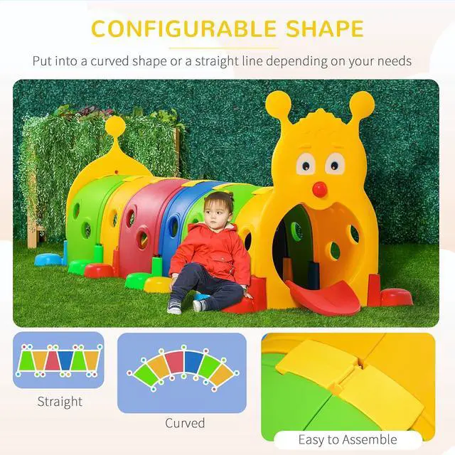 Alt view image 5 of 7 - Qaba Caterpillar Play Tunnel for Toddlers, Indoor, 6 Sections, Multicolored | Toddler Tunnel, Kids Crawl and Climb Through, Kids' Play Structure, Outdoor Use