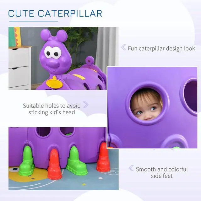 Alt view image 3 of 7 - Qaba Caterpillar Play Tunnel for Toddlers, Indoor, 2 Sections, Purple | Toddler Tunnel, Kids Crawl and Climb Through, Kids' Play Structure, Outdoor Use