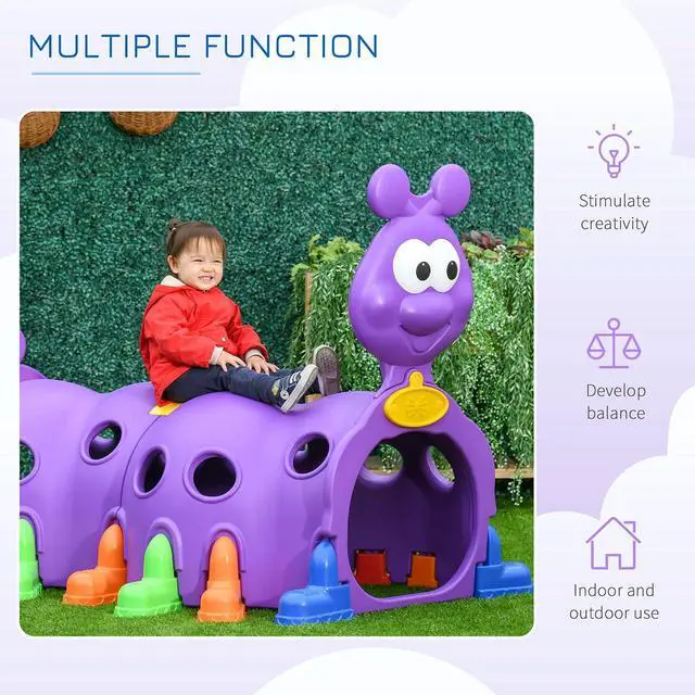 Alt view image 5 of 7 - Qaba Caterpillar Play Tunnel for Toddlers, Indoor, 2 Sections, Purple | Toddler Tunnel, Kids Crawl and Climb Through, Kids' Play Structure, Outdoor Use