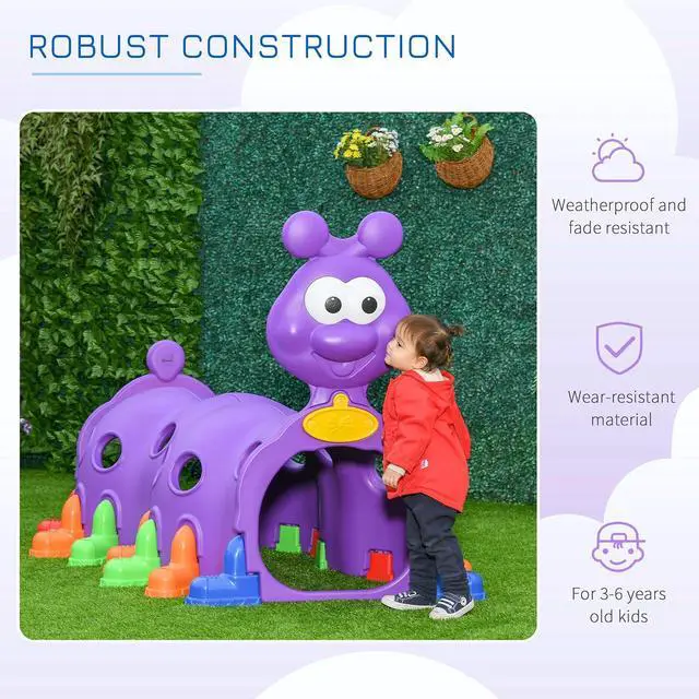 Alt view image 4 of 7 - Qaba Caterpillar Play Tunnel for Toddlers, Indoor, 2 Sections, Purple | Toddler Tunnel, Kids Crawl and Climb Through, Kids' Play Structure, Outdoor Use