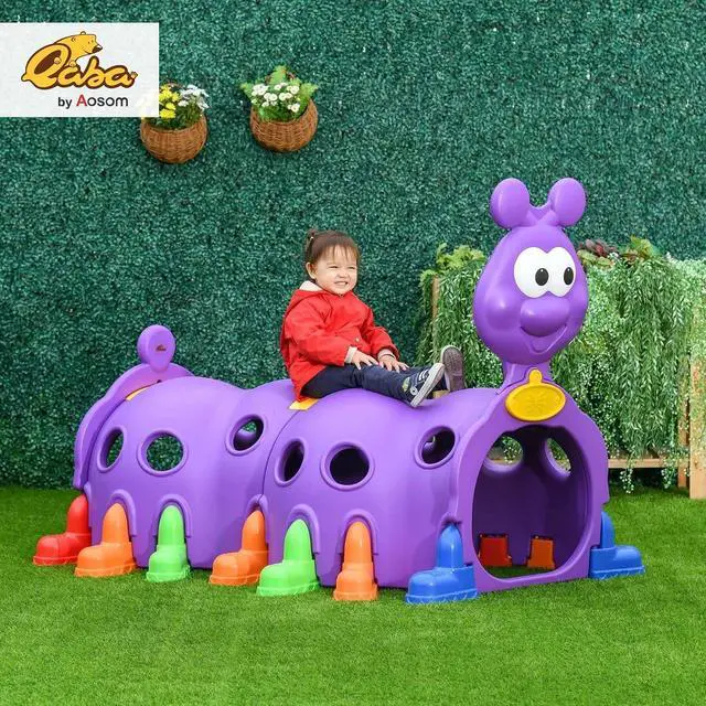 Alt view image 2 of 7 - Qaba Caterpillar Play Tunnel for Toddlers, Indoor, 2 Sections, Purple | Toddler Tunnel, Kids Crawl and Climb Through, Kids' Play Structure, Outdoor Use