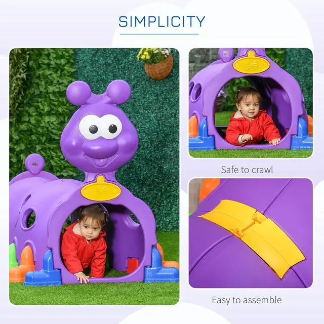 Alt view image 6 of 7 - Qaba Caterpillar Play Tunnel for Toddlers, Indoor, 2 Sections, Purple | Toddler Tunnel, Kids Crawl and Climb Through, Kids' Play Structure, Outdoor Use