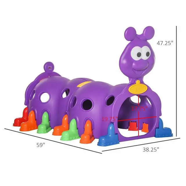 Alt view image 7 of 7 - Qaba Caterpillar Play Tunnel for Toddlers, Indoor, 2 Sections, Purple | Toddler Tunnel, Kids Crawl and Climb Through, Kids' Play Structure, Outdoor Use