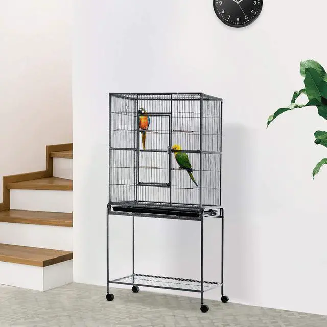 Alt view image 2 of 7 - PawHut 30" Rolling Metal Bird Cage Feeder with Detachable Rolling Stand, Storage Shelf, Wood Perch & Food Container | Storage Shelf, Wood Perch, Food Container