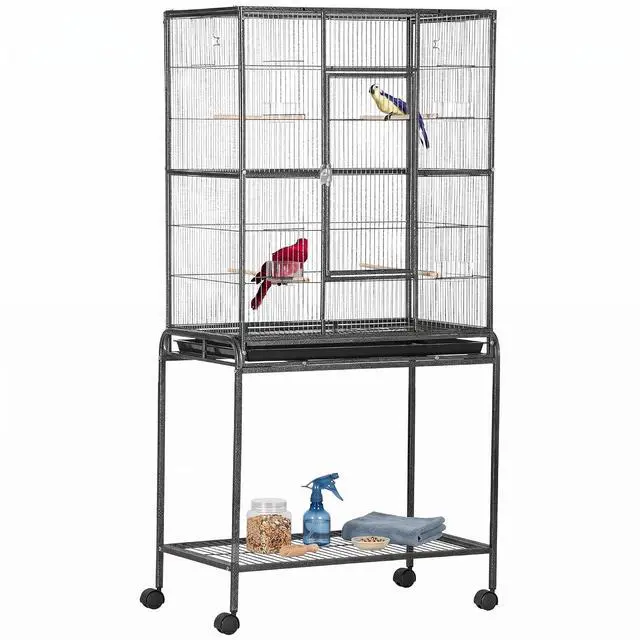 Main image of PawHut 30" Rolling Metal Bird Cage Feeder with Detachable Rolling Stand, Storage Shelf, Wood Perch & Food Container | Storage Shelf, Wood Perch, Food Container