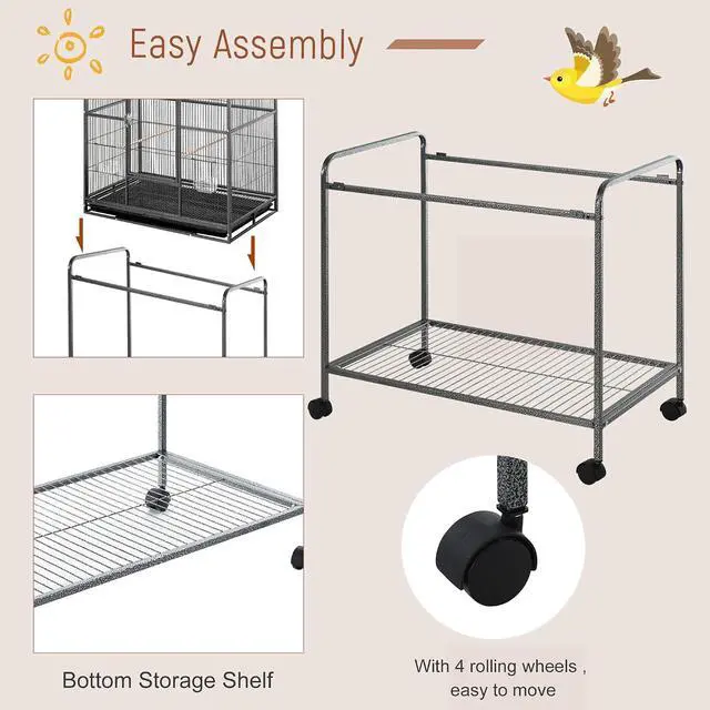 Alt view image 3 of 7 - PawHut 30" Rolling Metal Bird Cage Feeder with Detachable Rolling Stand, Storage Shelf, Wood Perch & Food Container | Storage Shelf, Wood Perch, Food Container