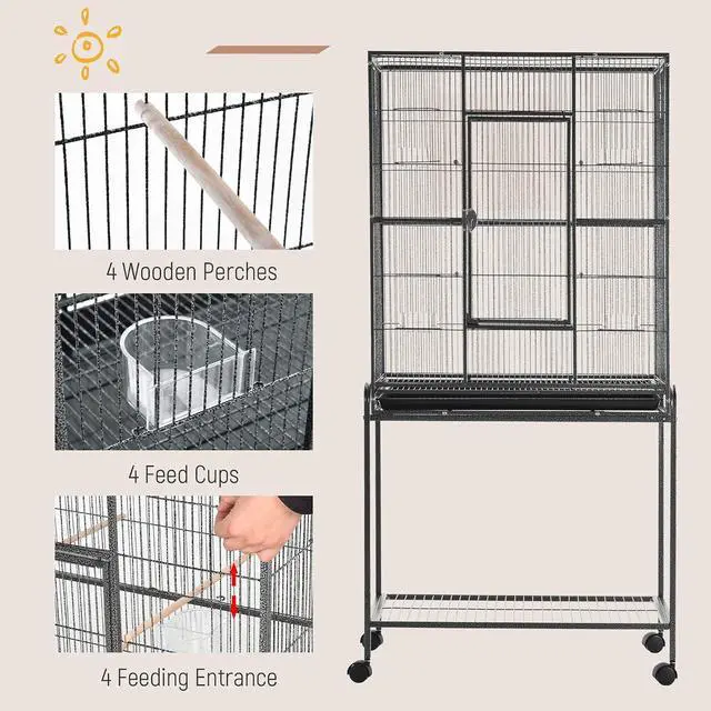 Alt view image 4 of 7 - PawHut 30" Rolling Metal Bird Cage Feeder with Detachable Rolling Stand, Storage Shelf, Wood Perch & Food Container | Storage Shelf, Wood Perch, Food Container