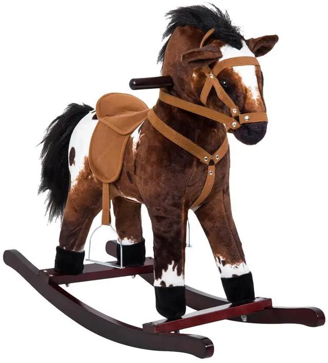 Main image of Qaba Rocking Horse Realistic Sounds for Toddlers 3-9, Dark Brown | Kids Plush Ride On Toy, Wooden Animal Rocker