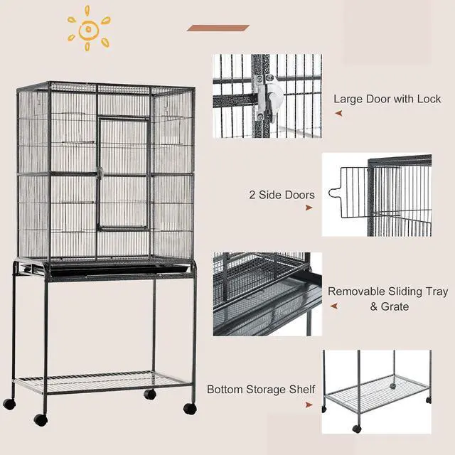 Alt view image 5 of 7 - PawHut 30" Rolling Metal Bird Cage Feeder with Detachable Rolling Stand, Storage Shelf, Wood Perch & Food Container | Storage Shelf, Wood Perch, Food Container