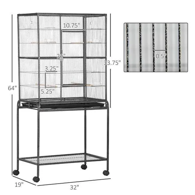 Alt view image 7 of 7 - PawHut 30" Rolling Metal Bird Cage Feeder with Detachable Rolling Stand, Storage Shelf, Wood Perch & Food Container | Storage Shelf, Wood Perch, Food Container