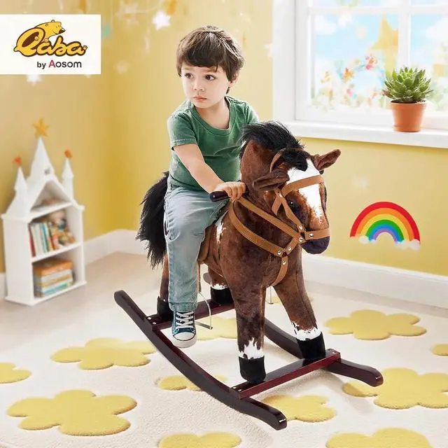 Alt view image 2 of 7 - Qaba Rocking Horse Realistic Sounds for Toddlers 3-9, Dark Brown | Kids Plush Ride On Toy, Wooden Animal Rocker