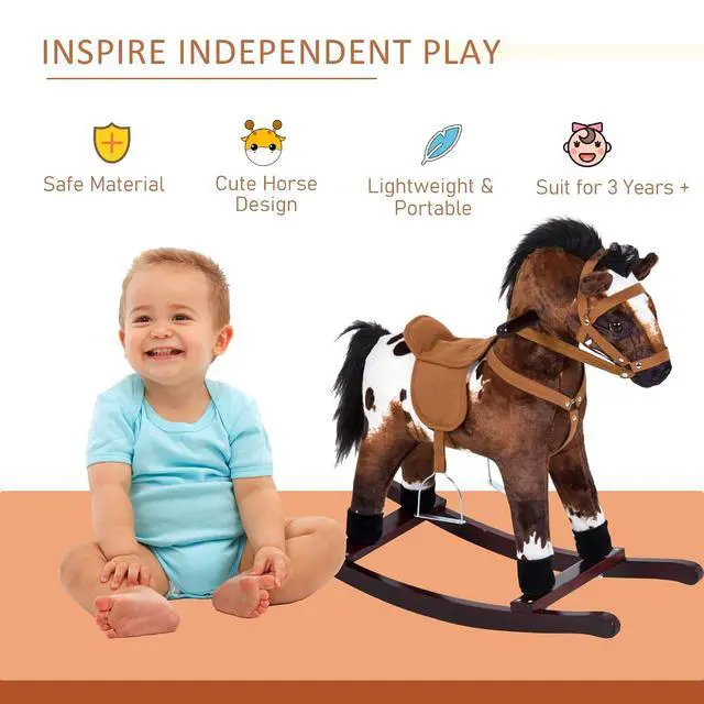 Alt view image 3 of 7 - Qaba Rocking Horse Realistic Sounds for Toddlers 3-9, Dark Brown | Kids Plush Ride On Toy, Wooden Animal Rocker