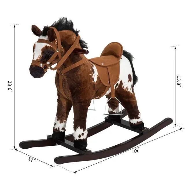 Alt view image 7 of 7 - Qaba Rocking Horse Realistic Sounds for Toddlers 3-9, Dark Brown | Kids Plush Ride On Toy, Wooden Animal Rocker