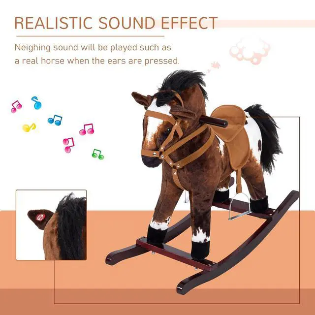Alt view image 4 of 7 - Qaba Rocking Horse Realistic Sounds for Toddlers 3-9, Dark Brown | Kids Plush Ride On Toy, Wooden Animal Rocker