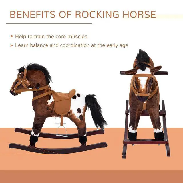 Alt view image 5 of 7 - Qaba Rocking Horse Realistic Sounds for Toddlers 3-9, Dark Brown | Kids Plush Ride On Toy, Wooden Animal Rocker