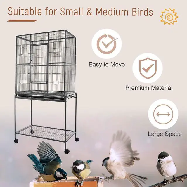 Alt view image 6 of 7 - PawHut 30" Rolling Metal Bird Cage Feeder with Detachable Rolling Stand, Storage Shelf, Wood Perch & Food Container | Storage Shelf, Wood Perch, Food Container