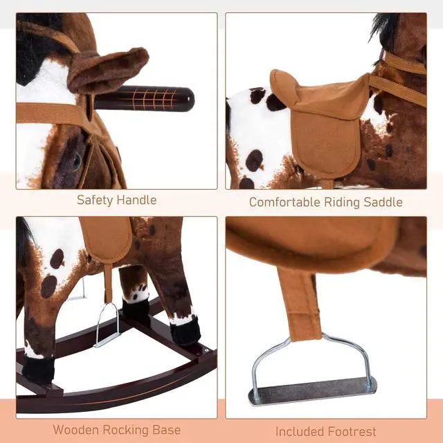 Alt view image 6 of 7 - Qaba Rocking Horse Realistic Sounds for Toddlers 3-9, Dark Brown | Kids Plush Ride On Toy, Wooden Animal Rocker