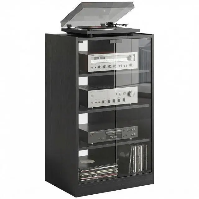 Main image of Media Cabinet 4-Tier Stereo Cabinet with Glass Door Black | Vinyl Record Player, AV Record Player Stand, Adjustable Shelves, Push-to-Open Glass Doors, Cable Management