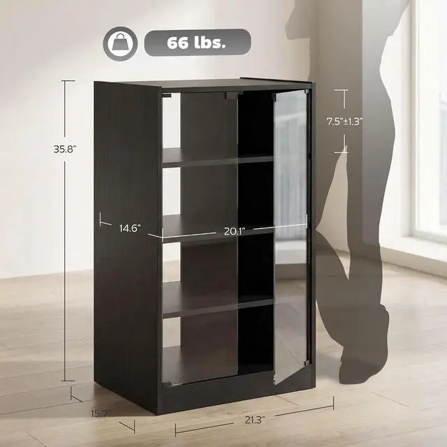 Alt view image 3 of 7 - Media Cabinet 4-Tier Stereo Cabinet with Glass Door Black | Vinyl Record Player, AV Record Player Stand, Adjustable Shelves, Push-to-Open Glass Doors, Cable Management