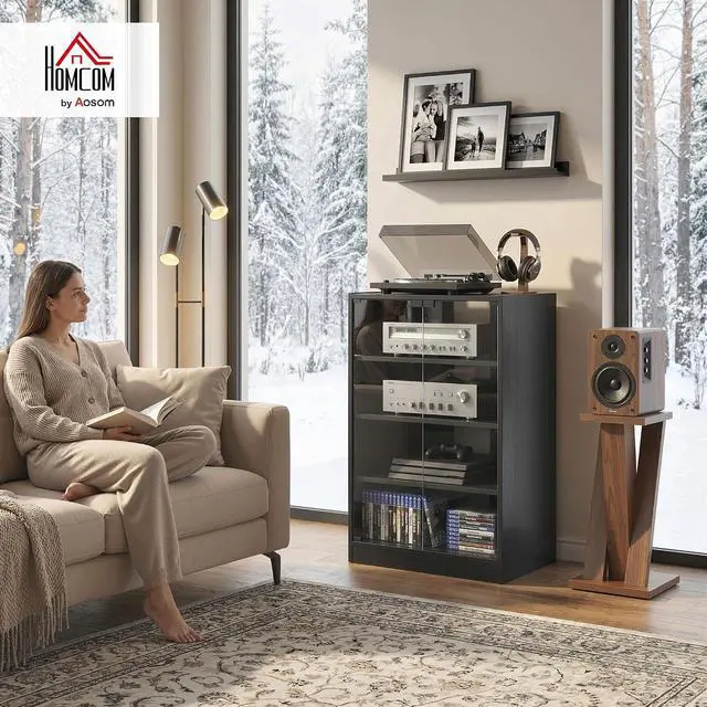 Alt view image 2 of 7 - Media Cabinet 4-Tier Stereo Cabinet with Glass Door Black | Vinyl Record Player, AV Record Player Stand, Adjustable Shelves, Push-to-Open Glass Doors, Cable Management