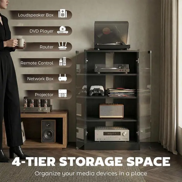 Alt view image 4 of 7 - Media Cabinet 4-Tier Stereo Cabinet with Glass Door Black | Vinyl Record Player, AV Record Player Stand, Adjustable Shelves, Push-to-Open Glass Doors, Cable Management
