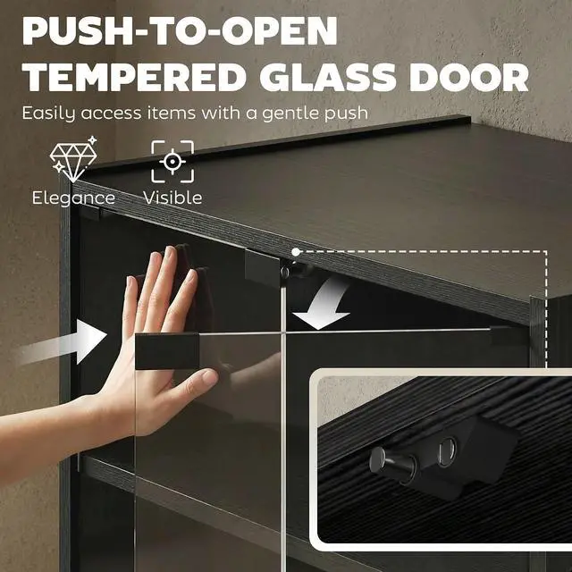 Alt view image 5 of 7 - Media Cabinet 4-Tier Stereo Cabinet with Glass Door Black | Vinyl Record Player, AV Record Player Stand, Adjustable Shelves, Push-to-Open Glass Doors, Cable Management