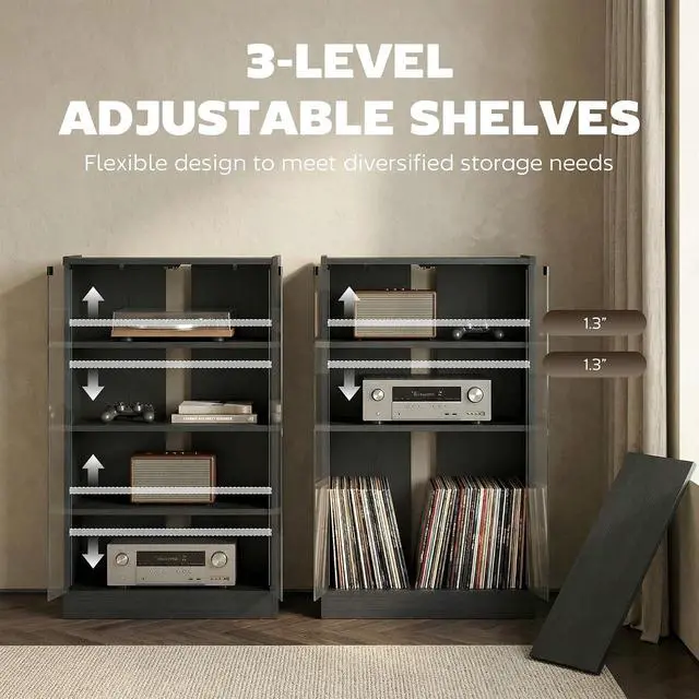 Alt view image 6 of 7 - Media Cabinet 4-Tier Stereo Cabinet with Glass Door Black | Vinyl Record Player, AV Record Player Stand, Adjustable Shelves, Push-to-Open Glass Doors, Cable Management