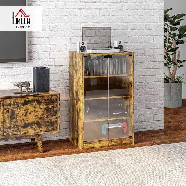 Alt view image 2 of 7 - Media Cabinet 4-Tier Stereo Cabinet with Glass Door Rustic Brown | Vinyl Record Player, AV Record Player Stand, Adjustable Shelves, Push-to-Open Glass Doors, Cable Management