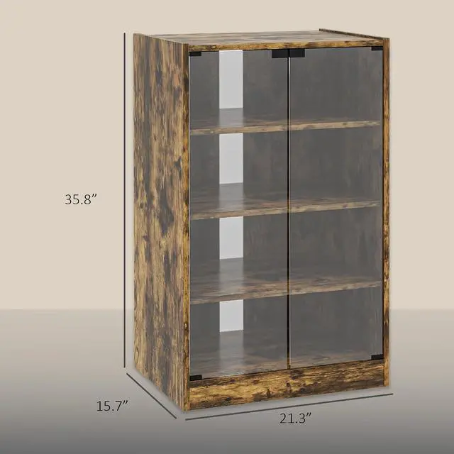 Alt view image 3 of 7 - Media Cabinet 4-Tier Stereo Cabinet with Glass Door Rustic Brown | Vinyl Record Player, AV Record Player Stand, Adjustable Shelves, Push-to-Open Glass Doors, Cable Management