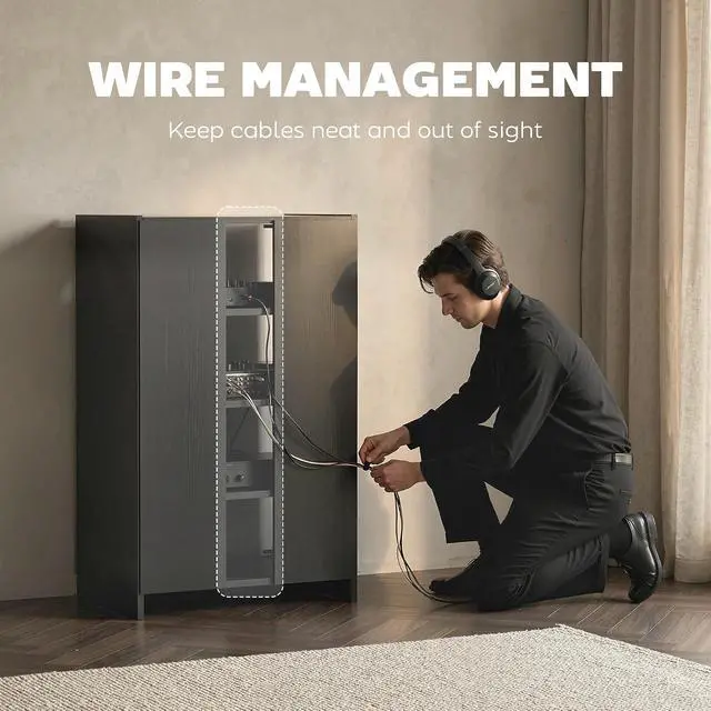 Alt view image 7 of 7 - Media Cabinet 4-Tier Stereo Cabinet with Glass Door Black | Vinyl Record Player, AV Record Player Stand, Adjustable Shelves, Push-to-Open Glass Doors, Cable Management
