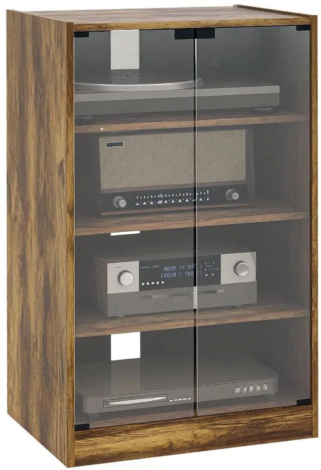 Main image of Media Cabinet 4-Tier Stereo Cabinet with Glass Door Rustic Brown | Vinyl Record Player, AV Record Player Stand, Adjustable Shelves, Push-to-Open Glass Doors, Cable Management