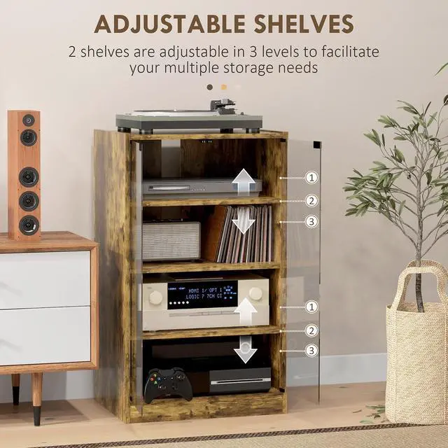 Alt view image 4 of 7 - Media Cabinet 4-Tier Stereo Cabinet with Glass Door Rustic Brown | Vinyl Record Player, AV Record Player Stand, Adjustable Shelves, Push-to-Open Glass Doors, Cable Management