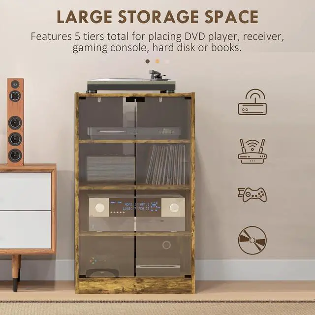 Alt view image 5 of 7 - Media Cabinet 4-Tier Stereo Cabinet with Glass Door Rustic Brown | Vinyl Record Player, AV Record Player Stand, Adjustable Shelves, Push-to-Open Glass Doors, Cable Management
