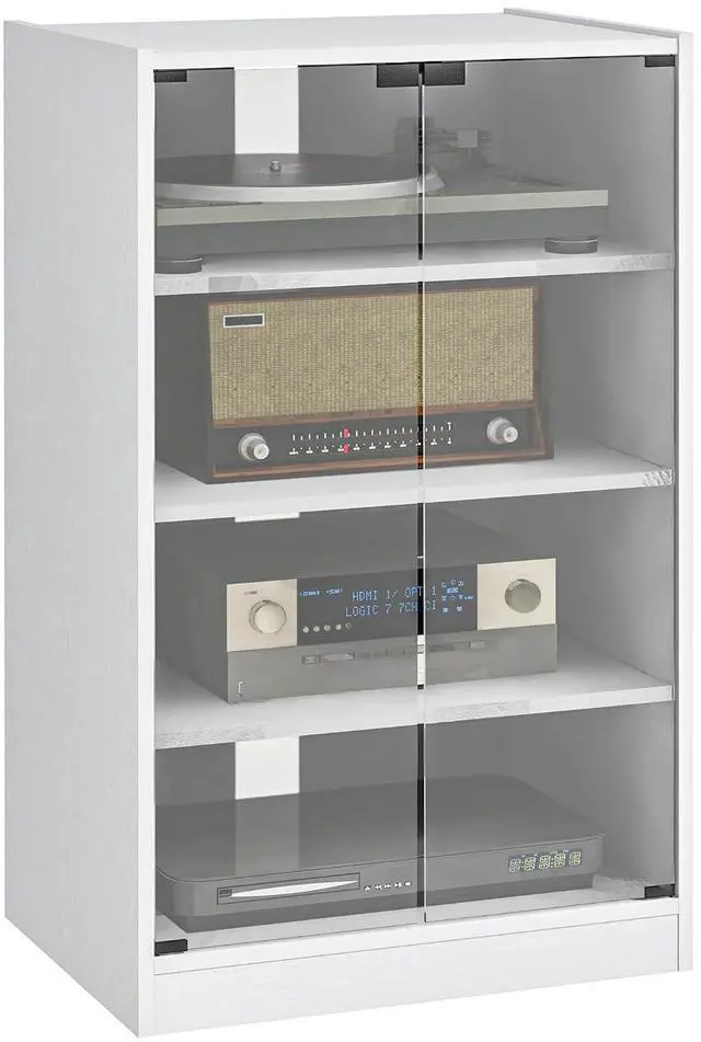 Main image of Media Cabinet 4-Tier Stereo Cabinet with Glass Door Distressed White | Vinyl Record Player, AV Record Player Stand, Adjustable Shelves, Push-to-Open Glass Doors, Cable Management