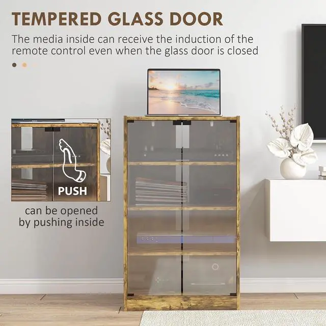 Alt view image 7 of 7 - Media Cabinet 4-Tier Stereo Cabinet with Glass Door Rustic Brown | Vinyl Record Player, AV Record Player Stand, Adjustable Shelves, Push-to-Open Glass Doors, Cable Management
