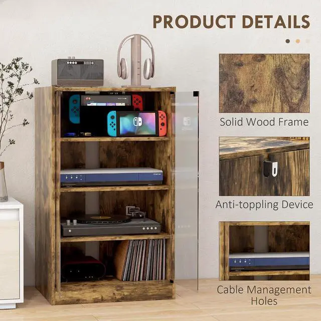 Alt view image 6 of 7 - Media Cabinet 4-Tier Stereo Cabinet with Glass Door Rustic Brown | Vinyl Record Player, AV Record Player Stand, Adjustable Shelves, Push-to-Open Glass Doors, Cable Management