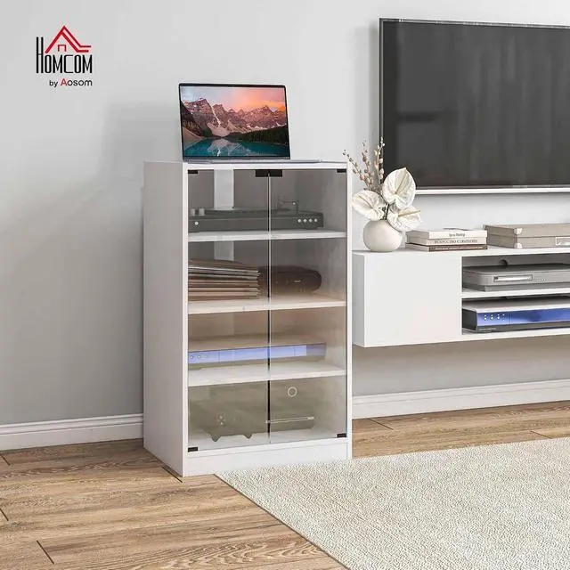 Alt view image 2 of 7 - Media Cabinet 4-Tier Stereo Cabinet with Glass Door Distressed White | Vinyl Record Player, AV Record Player Stand, Adjustable Shelves, Push-to-Open Glass Doors, Cable Management