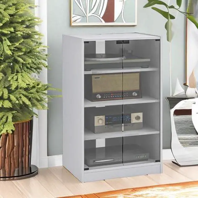 Alt view image 6 of 7 - Media Cabinet 4-Tier Stereo Cabinet with Glass Door Distressed White | Vinyl Record Player, AV Record Player Stand, Adjustable Shelves, Push-to-Open Glass Doors, Cable Management