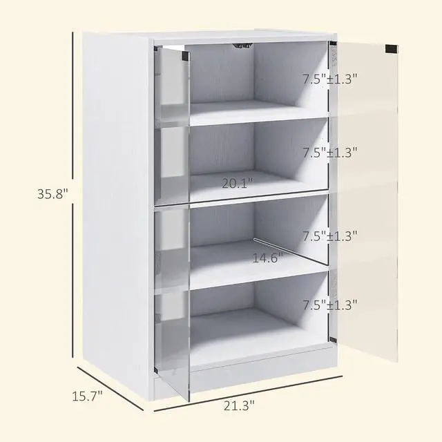 Alt view image 3 of 7 - Media Cabinet 4-Tier Stereo Cabinet with Glass Door Distressed White | Vinyl Record Player, AV Record Player Stand, Adjustable Shelves, Push-to-Open Glass Doors, Cable Management