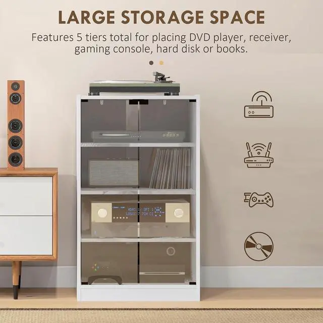 Alt view image 5 of 7 - Media Cabinet 4-Tier Stereo Cabinet with Glass Door Distressed White | Vinyl Record Player, AV Record Player Stand, Adjustable Shelves, Push-to-Open Glass Doors, Cable Management
